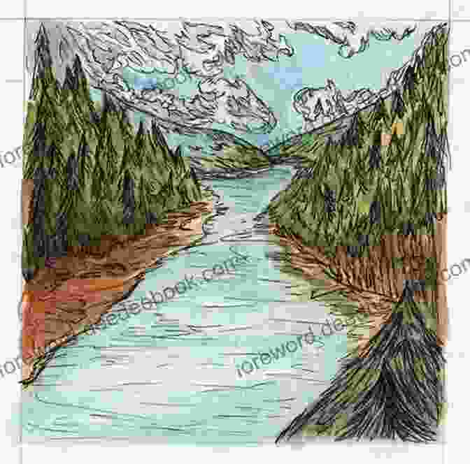 A Thread Sketch Of A Landscape With Mountains, Trees, And A River. Creative Thread Sketching: A Beginner S Guide